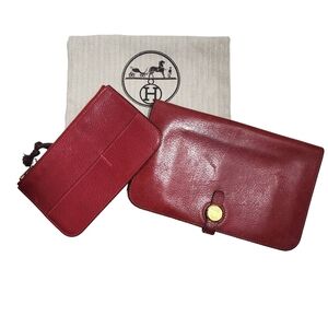 Hermes authentic Dogon Red Leather Wallet with Pouch, dust bag gold hardware